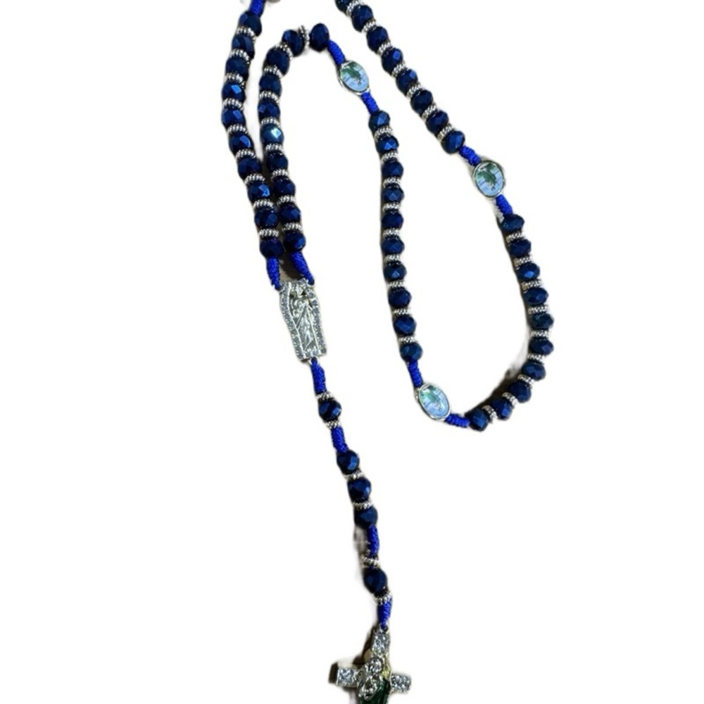 San Judas Blue and Silver Beaded Necklace rosary